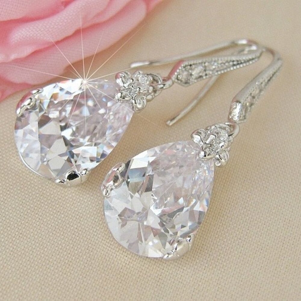 Teardrop Diamond CZ Earrings Classic Faceted Pear Cut Nadri Style